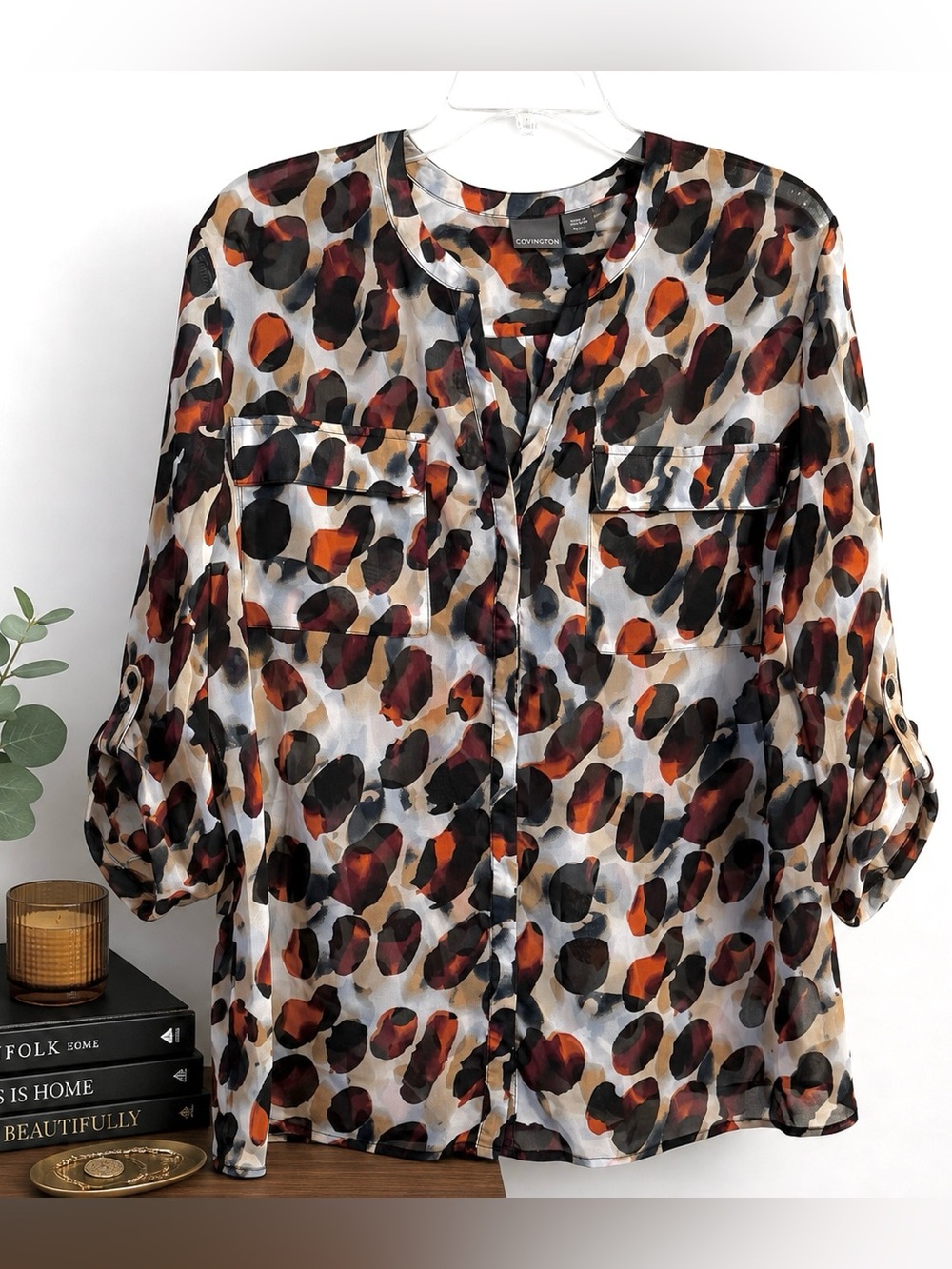 Abstract Animal Print Semi Sheer Tunic Blouse Tab Sleeve Dark Moody Fall